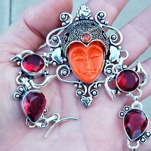 New Carved Goddess Face Garnet 925 Silver Bracelet